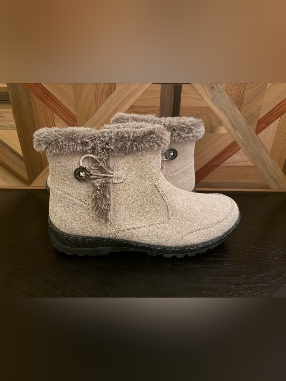 Khombu Cozy Faux Fur Winter Ankle Boots - Light Taupe, size 10